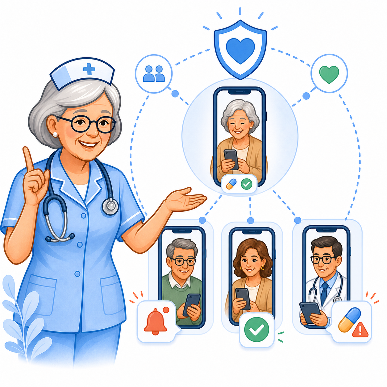 Nurse Mary connecting an aging parent, family guardians, and a doctor guardian in the medication care circle