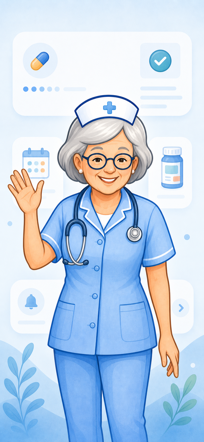 Nurse Mary waving inside the app